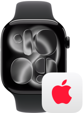 Apple Watch Series 11, caja de aluminio color negro azabache, lateral derecho: Digital Crown, correa deportiva color negro, logotipo de AppleCare+