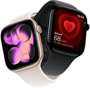 Apple Watch Series 11, aluminio color oro rosa, esfera Responsive Art, lateral derecho: Digital Crown, micrófono, botón lateral, correa deportiva color rosa rubor, Apple Watch Series 11, aluminio color negro azabache, app Frecuencia Cardiaca, latidos por minuto actuales, lateral derecho: Digital Crown, correa deportiva color negro