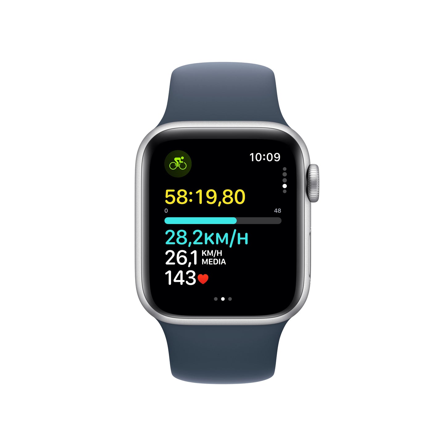 Apple Watch SE (GPS) - Caja de aluminio en plata de 40 mm - Correa deportiva azul tempestad - Talla M/L