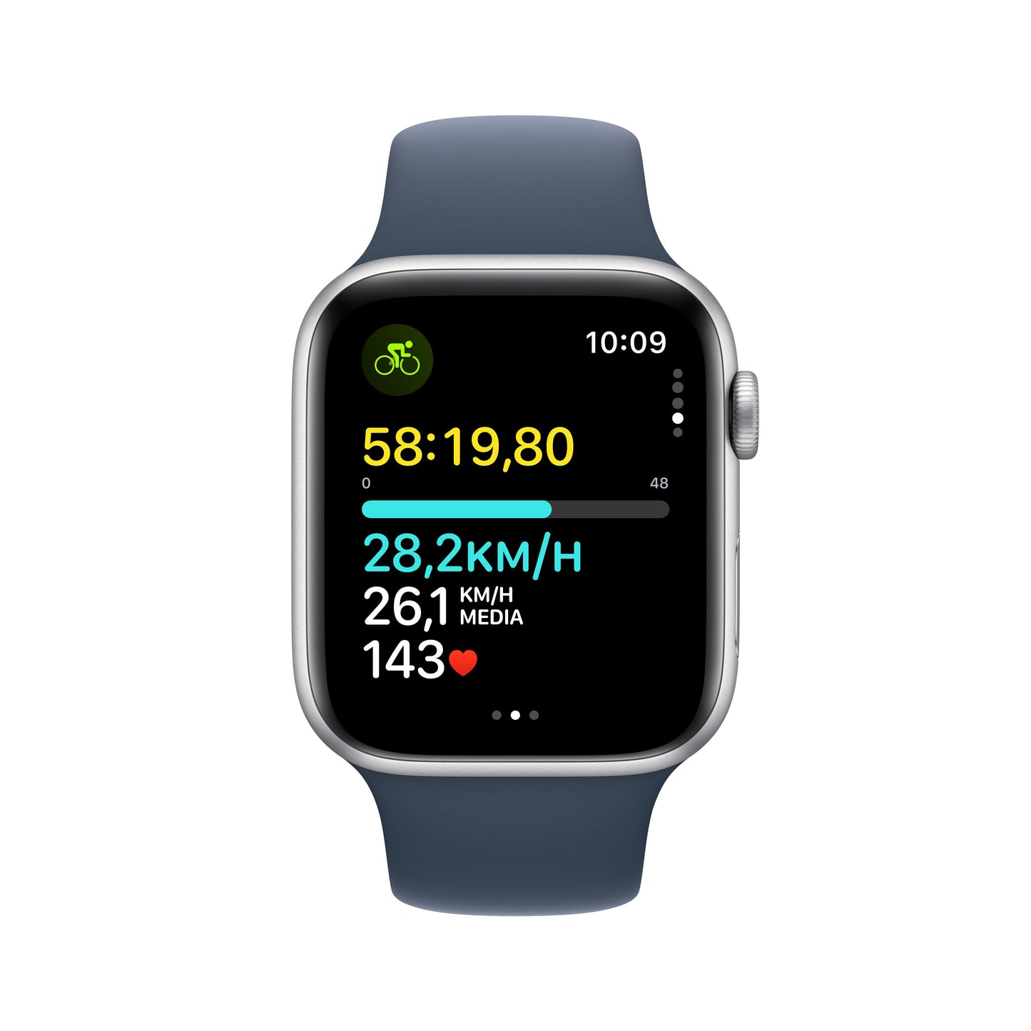 Apple Watch SE (GPS) - Caja de aluminio en plata de 44 mm - Correa deportiva azul tempestad - Talla S/M
