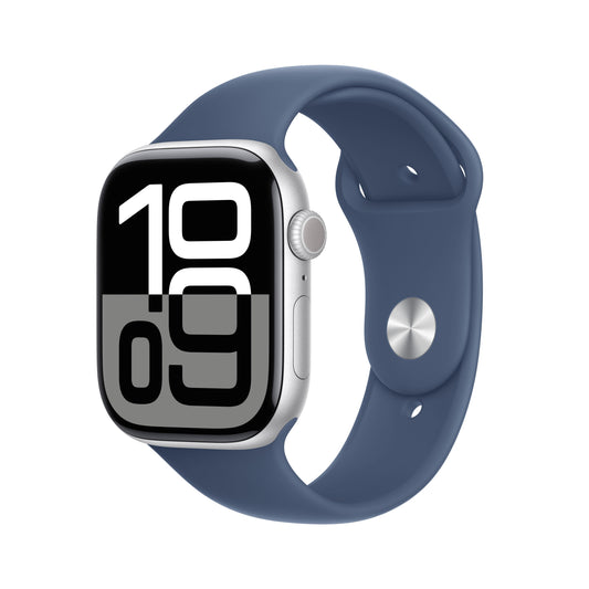 Apple Watch Series 10 (GPS + Cellular) - Caja de aluminio en plata de 46 mm - Correa deportiva azul denim - Talla M/L