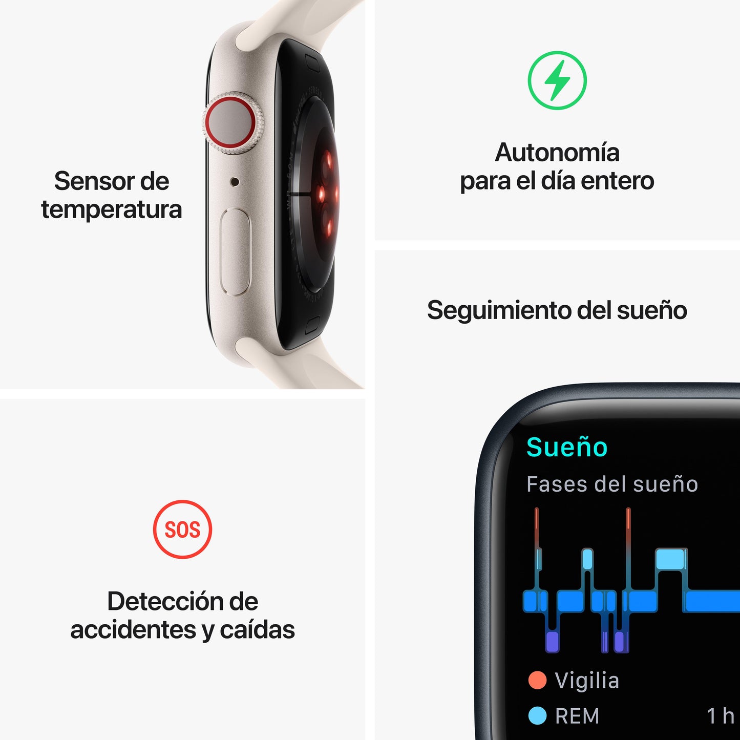 Apple Watch Series 8 (GPS + Cellular) - Caja de aluminio en blanco estrella de 41 mm - Correa deportiva blanco estrella - Talla única