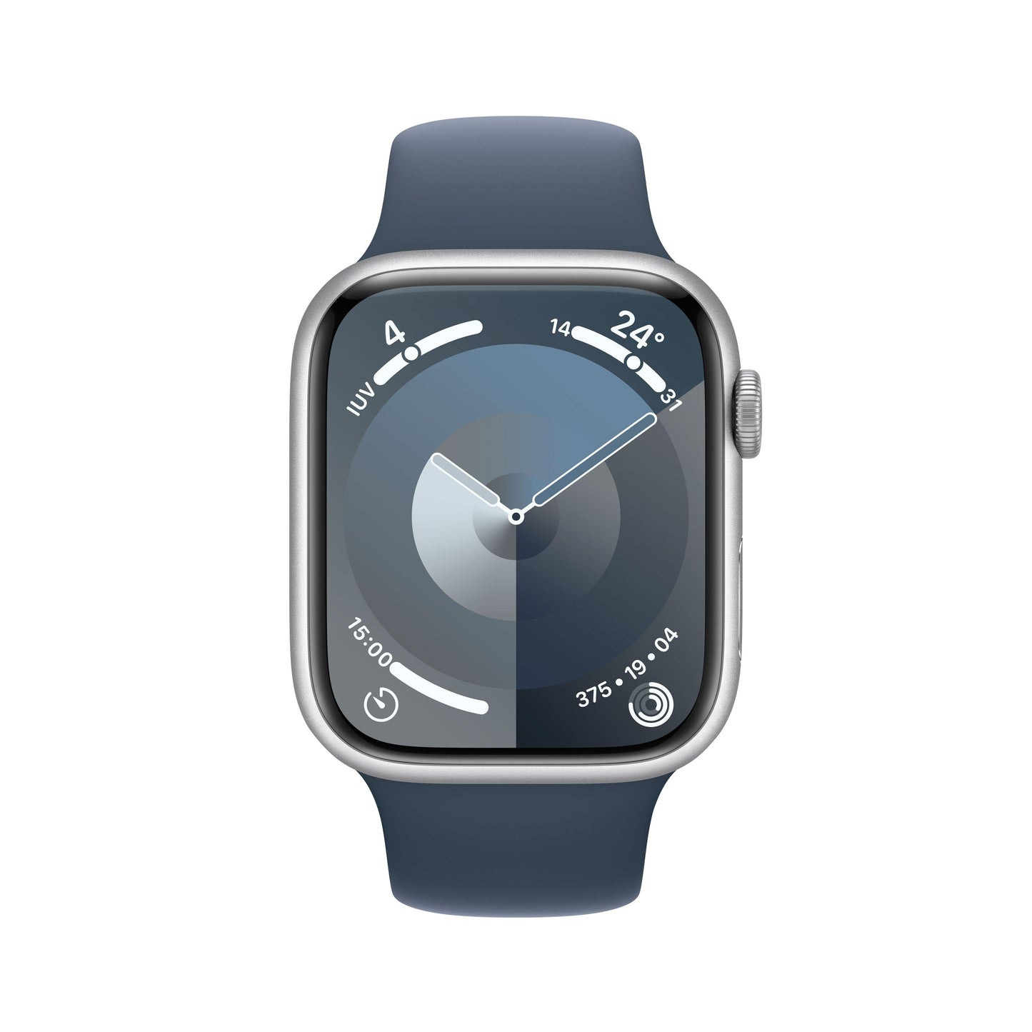 Apple Watch Series 9 (GPS) - Caja de aluminio en plata de 45 mm - Correa deportiva azul tempestad - Talla M/L