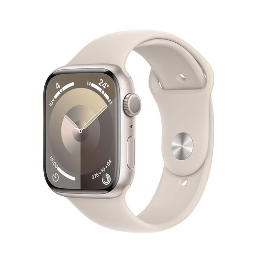 Apple Watch Series 9 (GPS) - Caja de aluminio en blanco estrella de 45 mm - Correa deportiva blanco estrella - Talla S/M