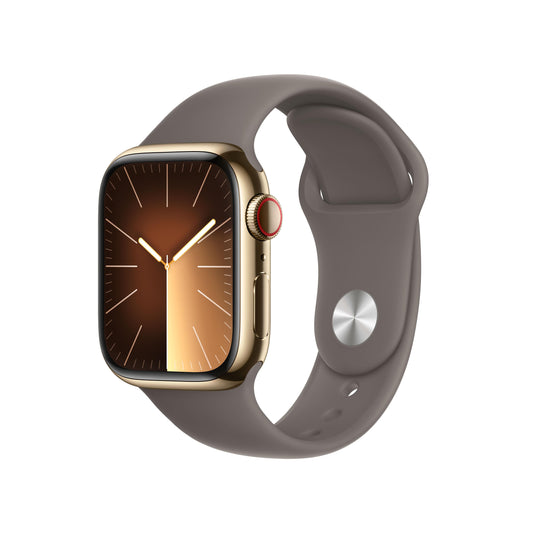 Apple Watch Series 9 (GPS + Cellular) - Caja de acero inoxidable en oro de 41 mm - Correa deportiva color arcilla - Talla M/L
