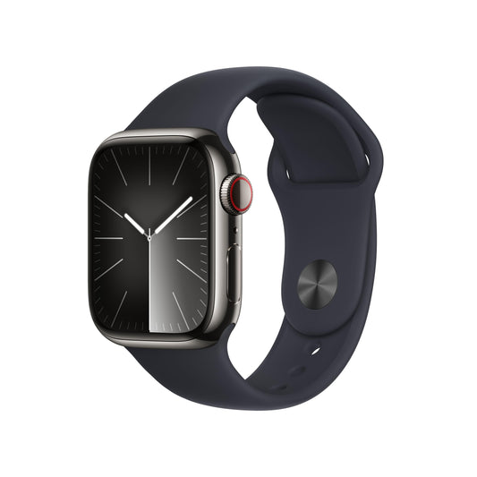 Apple Watch Series 9 (GPS + Cellular) - Caja de acero inoxidable en grafito de 41 mm - Correa deportiva color medianoche - Talla S/M