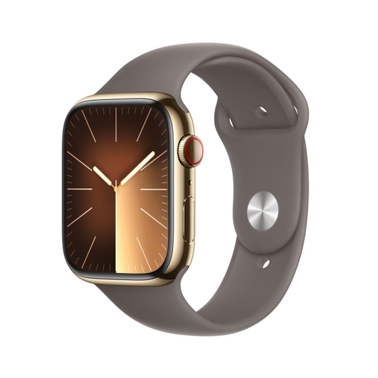 Apple Watch Series 9 (GPS  Cellular) - Caja de acero inoxidable en oro de 45 mm - Correa deportiva color arcilla - Talla M/L