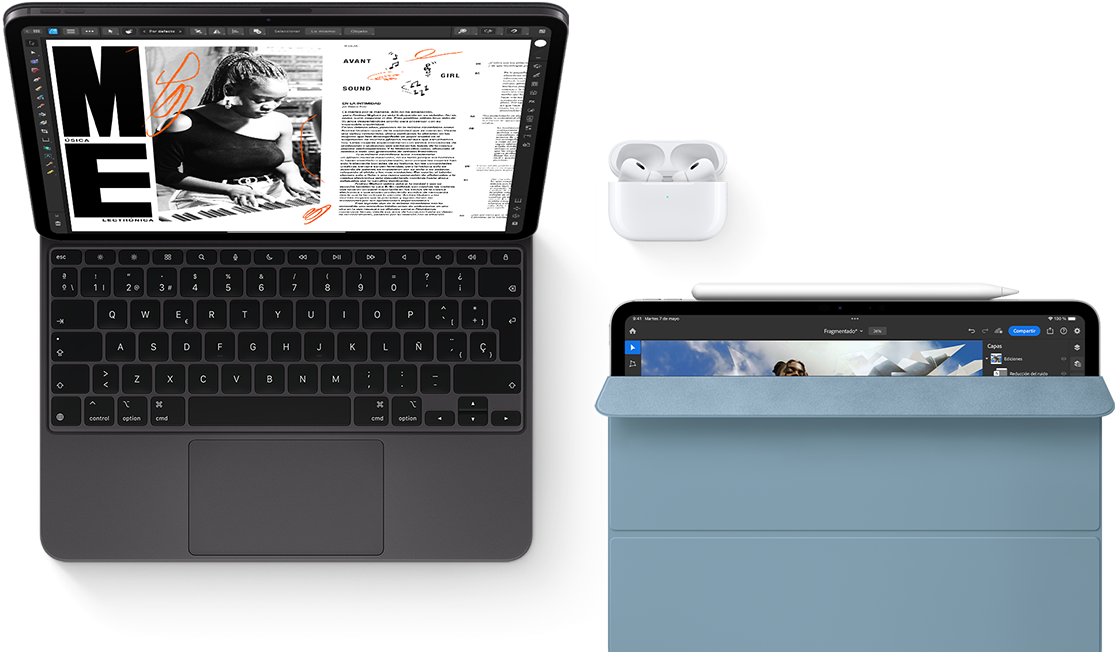 iPad Pro con un Magic Keyboard y unos AirPods Pro. Otro iPad con un Apple Pencil y una funda Smart Folio.