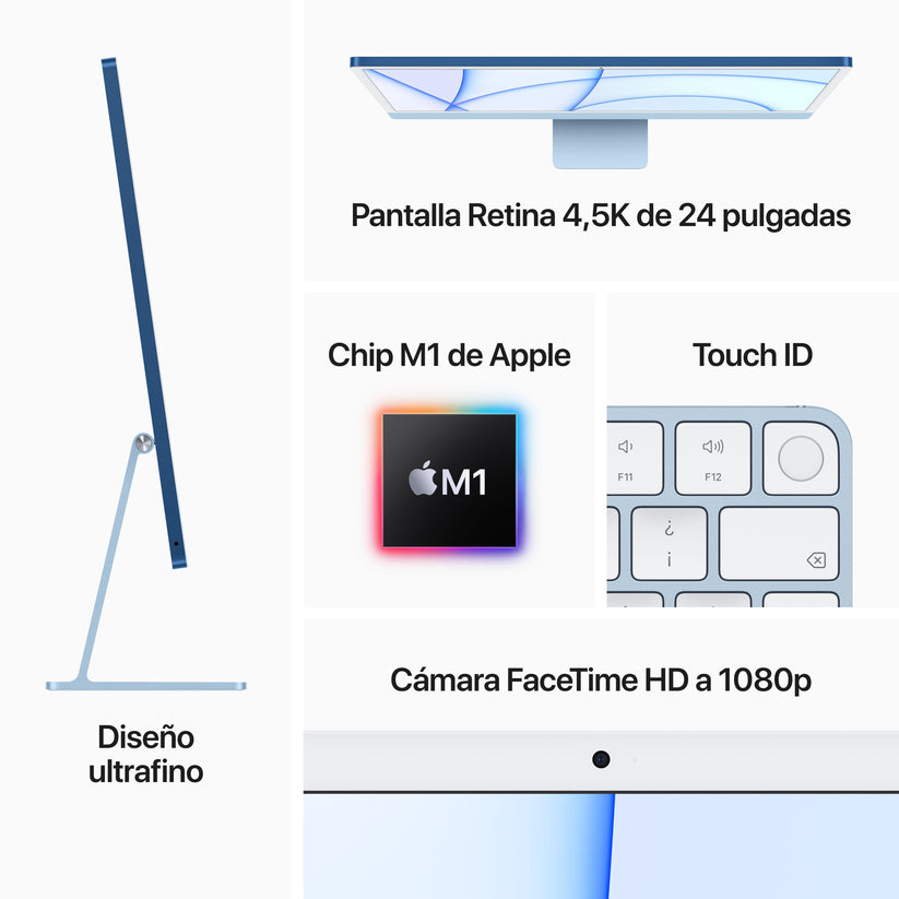 iMac con pantalla Retina 4,5K de 24 pulgadas: Chip M1 de Apple con CPU de ocho núcleos y GPU de ocho núcleos, 512 GB SSD - Azul - Rossellimac