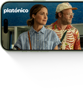 iPhone 17, parte delantera, serie Platónico de Apple TV+ en la pantalla