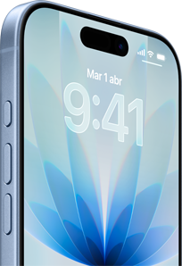 iPhone 17, parte delantera, color azul neblina, Dynamic Island centrada, botones: Acción, volumen