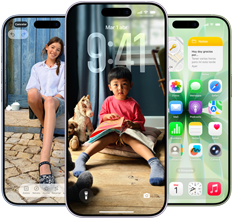 iPhone 17, parte delantera, Dynamic Island centrada en el extremo superior, tres colores: azul neblina, lavanda, verde salvia