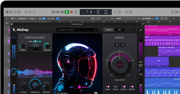 La pantalla muestra el uso de las prestaciones de IA del software MicDrop para editar una locución en un MacBook Pro