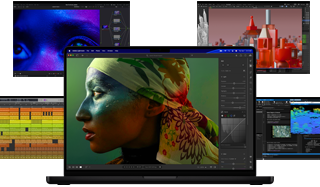 Varias apps de producción musical, edición de vídeo, animación en 3D y edición de fotos en el Mac con una selección de contenidos a todo color en la pantalla, ilustran el potente rendimiento gráfico