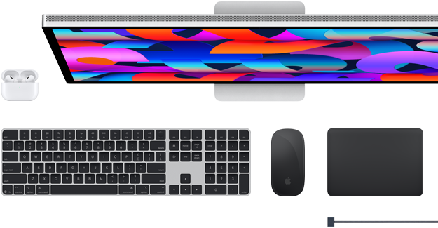 Accesorios para el Mac: Airpods, Studio Display, Magic Keyboard, Magic Mouse, Magic Trackpad, cable de carga MagSafe en negro espacial