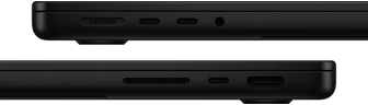 Puertos del MacBook Pro, puertos del lateral izquierdo: puerto de carga MagSafe, dos puertos Thunderbolt y toma para auriculares; puertos del lateral derecho: ranura para tarjetas SDXC, puerto Thunderbolt y puerto HDMI