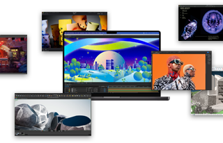 Imagen de un MacBook Pro con distintas apps abiertas: Adobe After Effects, Keynote, DaVinci Resolve, Autodesk Maya con el renderizador Arnold, Adobe Photoshop, Houdini y SketchUp