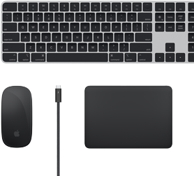 Vista superior de varios accesorios del Mac: un Magic Keyboard, un Magic Mouse, un Magic Trackpad y cables Thunderbolt.