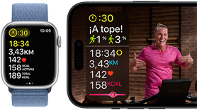 Datos de entreno en un Apple Watch y en una sesión de Apple Fitness+ en un iPhone