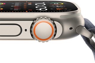 Apple Watch Ultra 2 que muestra la caja de titanio dura, la pantalla plana, la Digital Crown y el botón lateral