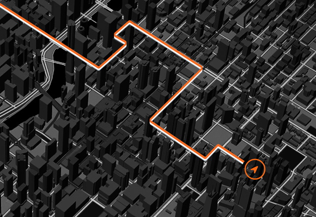 Mapa que muestra una ruta a través de un entorno urbano lleno de edificios para mostrar las funciones del GPS