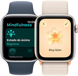 Dos modelos de Apple Watch SE. Uno muestra la app Mindfulness y la opción Estado de Ánimo resaltada. El otro muestra el estado Muy Bien en la pantalla.