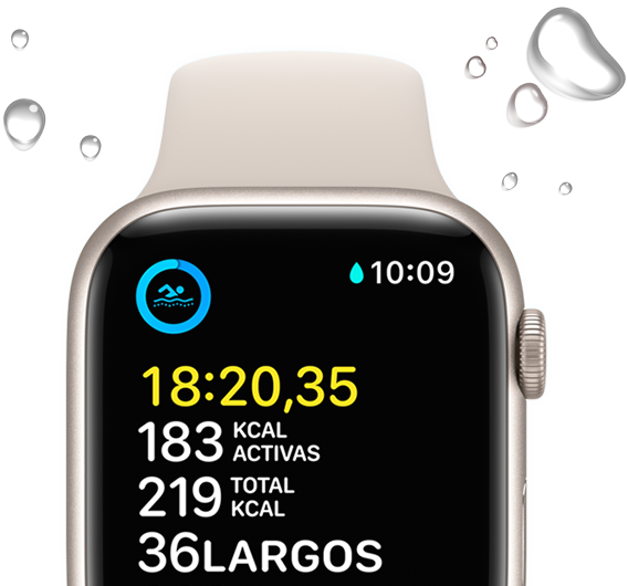Un Apple Watch SE que muestra un entreno de natación y gotas de agua alrededor de la imagen del dispositivo.