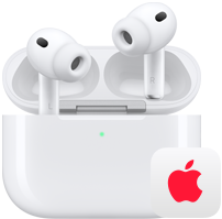 AirPods Pro 3, auriculares inalámbricos izquierdo y derecho en el estuche de carga MagSafe, logotipo de Apple