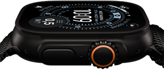 Apple Watch Ultra 3, parte lateral, caja de titanio en color negro, brújula en la esfera Orientación, botón lateral y Digital Crown