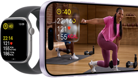 Un Apple Watch al lado de un iPhone con una sesión de Apple Fitness+ en pantalla