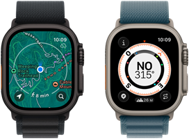 Dos dispositivos Apple Watch Ultra 3, uno muestra un mapa y el otro muestra la prestación Retorno con métricas de brújula, altitud y puntos de referencia marcados