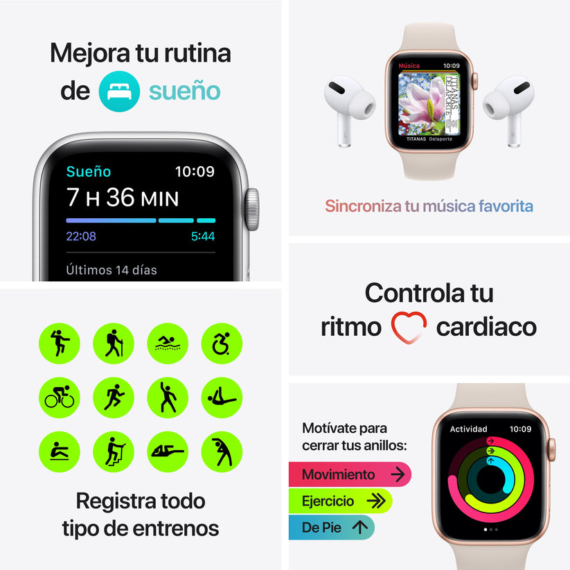 Apple Watch SE (GPS) - Caja de aluminio en oro de 44 mm - Correa deportiva blanco estrella - Talla única - Rossellimac