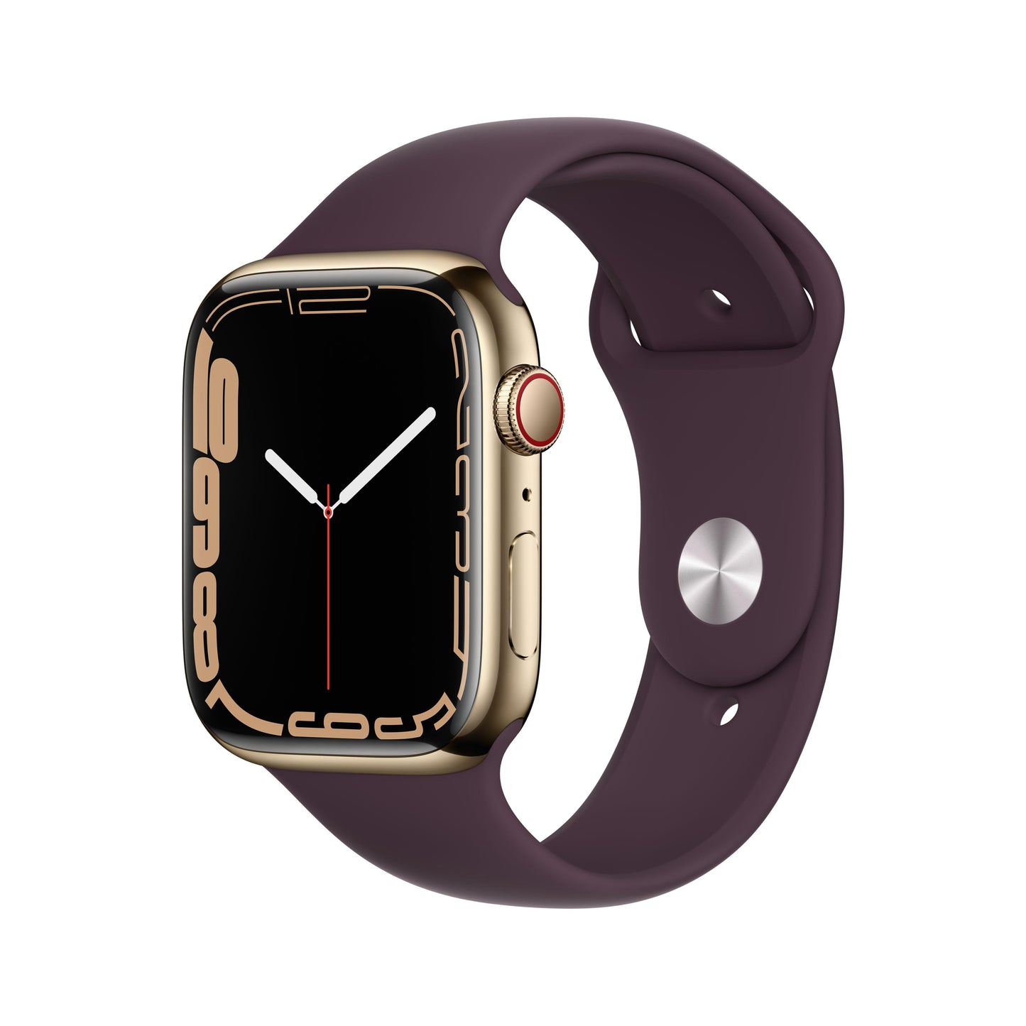 Apple Watch Series 7 (GPS + Cellular) - Caja de acero inoxidable en oro de 45 mm - Correa deportiva en color cereza oscuro - Talla única
