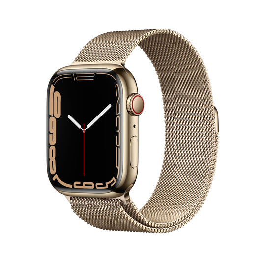 Apple Watch Series 7 (GPS + Cellular) - Caja de acero inoxidable en oro de 45 mm - Pulsera Milanese Loop en oro