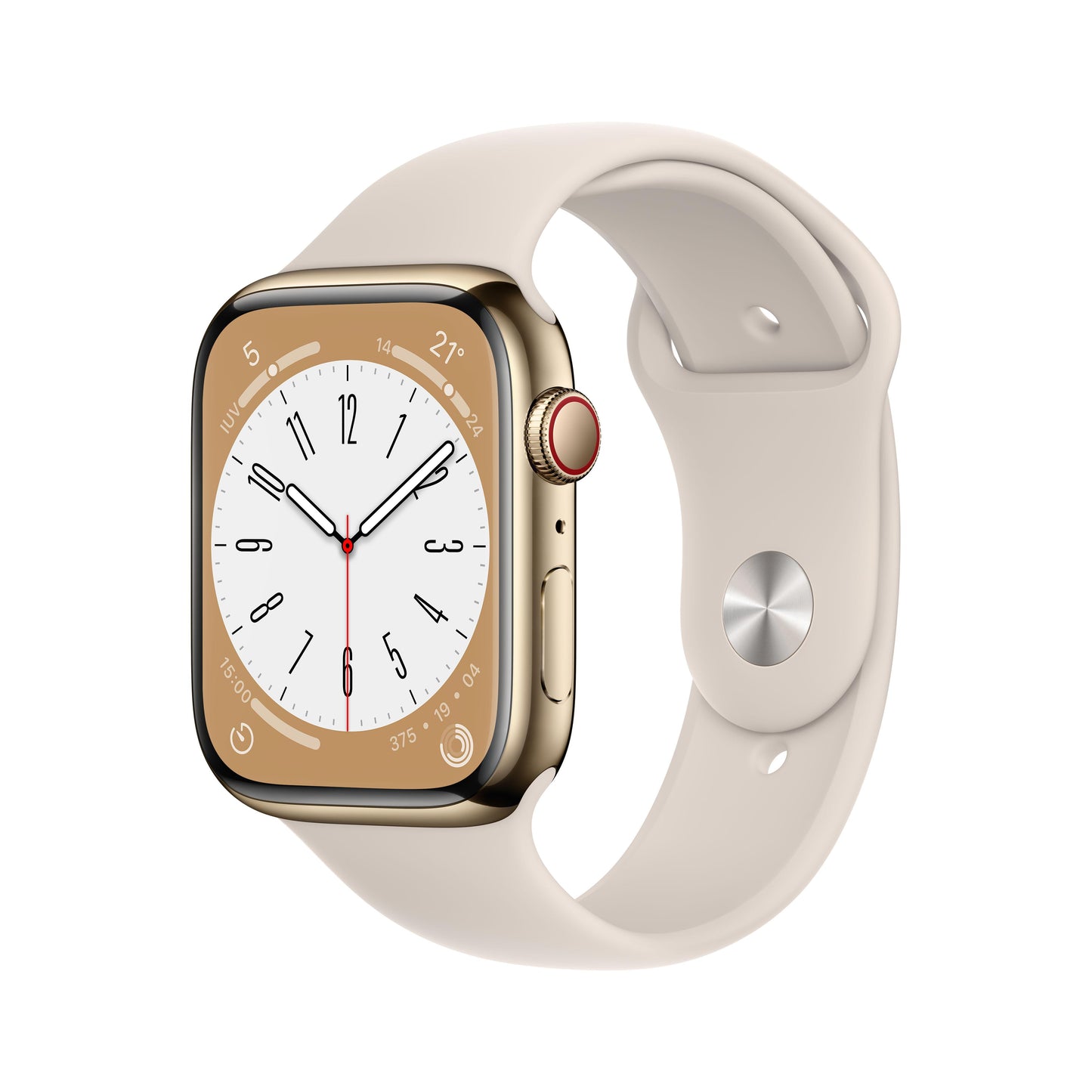 Apple Watch Series 8 (GPS + Cellular) - Caja de acero inoxidable en oro de 41 mm - Correa deportiva blanco estrella - Talla única