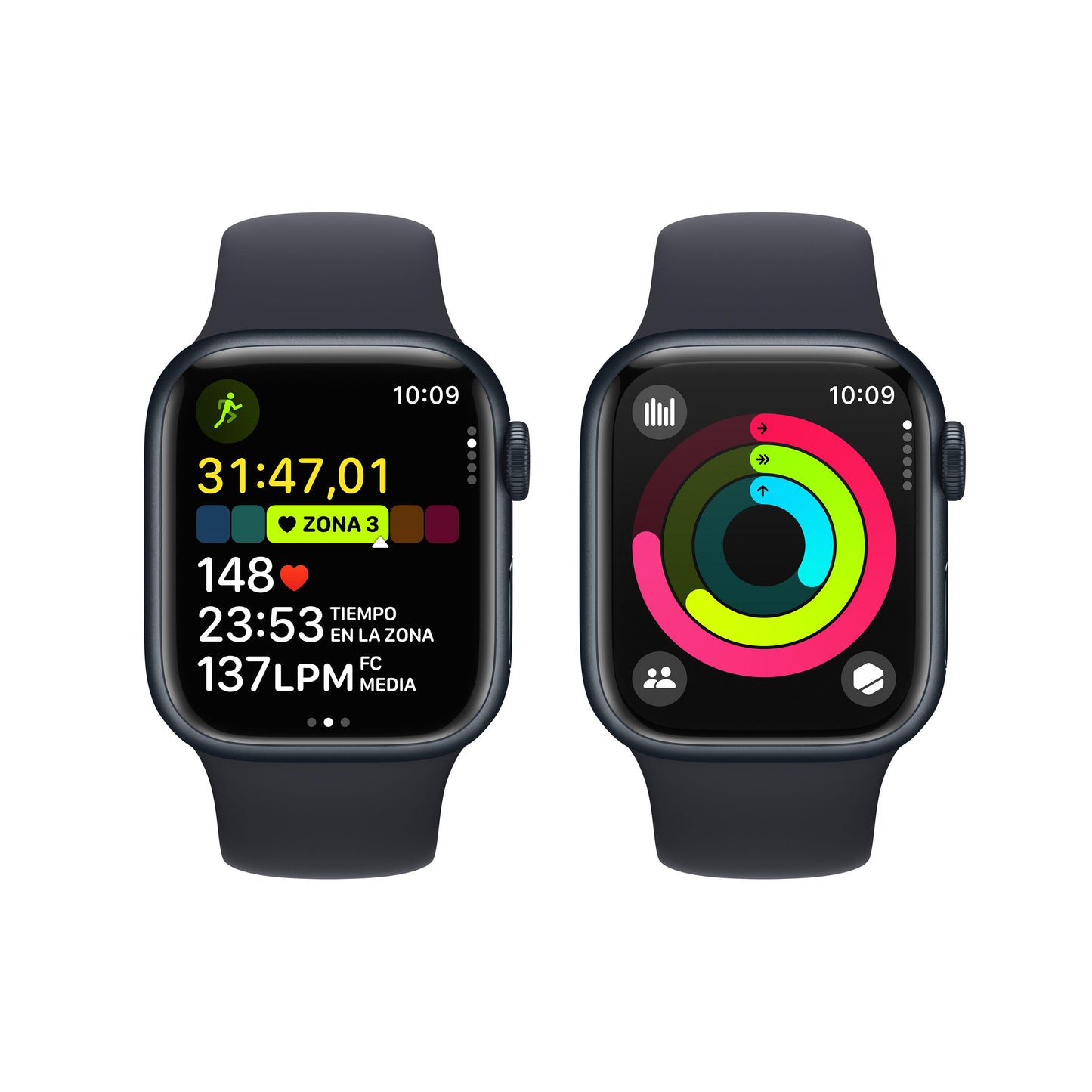 Apple Watch Series 9 (GPS) - Caja de aluminio en color medianoche de 41 mm - Correa deportiva color medianoche - Talla M/L