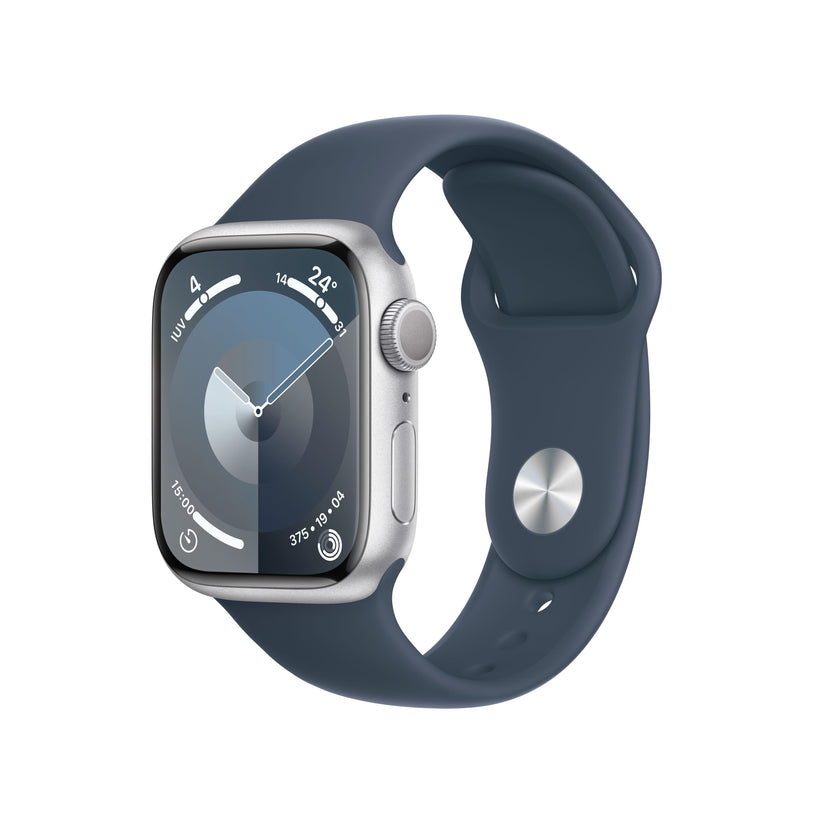 Apple Watch Series 9 (GPS) - Caja de aluminio en plata de 41 mm - Correa deportiva azul tempestad - Talla M/L - Rossellimac