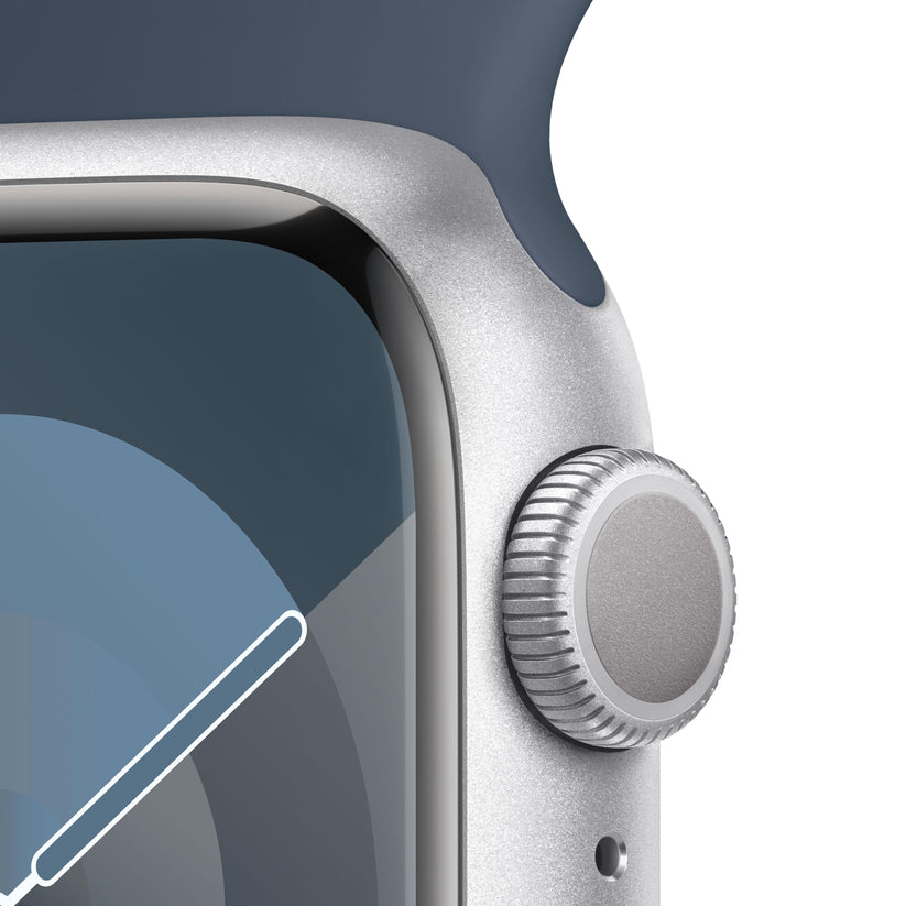 Apple Watch Series 9 (GPS) - Caja de aluminio en plata de 41 mm - Correa deportiva azul tempestad - Talla M/L - Rossellimac