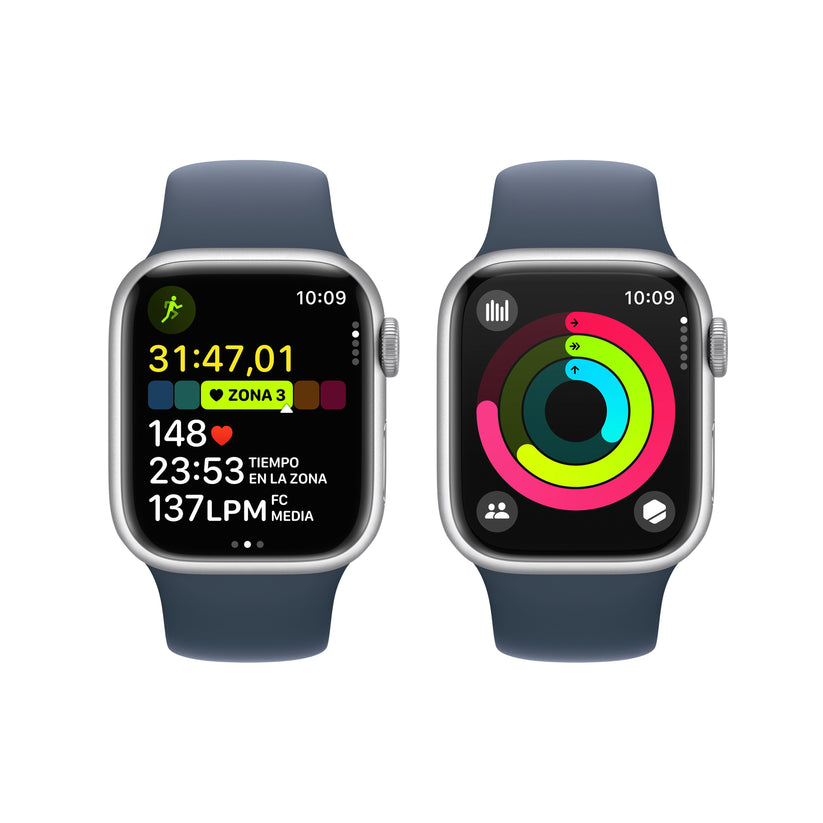 Apple Watch Series 9 (GPS) - Caja de aluminio en plata de 41 mm - Correa deportiva azul tempestad - Talla M/L - Rossellimac