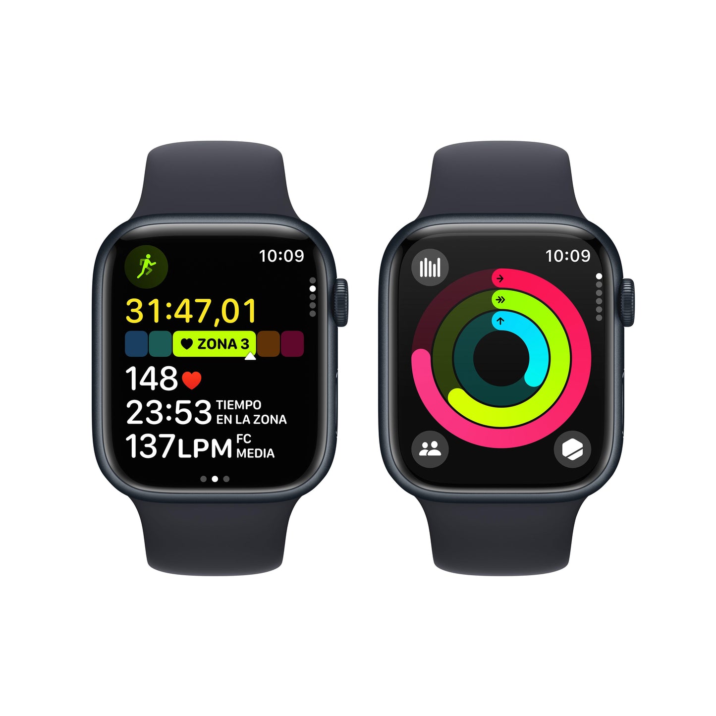Apple Watch Series 9 (GPS) - Caja de aluminio en color medianoche de 45 mm - Correa deportiva color medianoche - Talla S/M