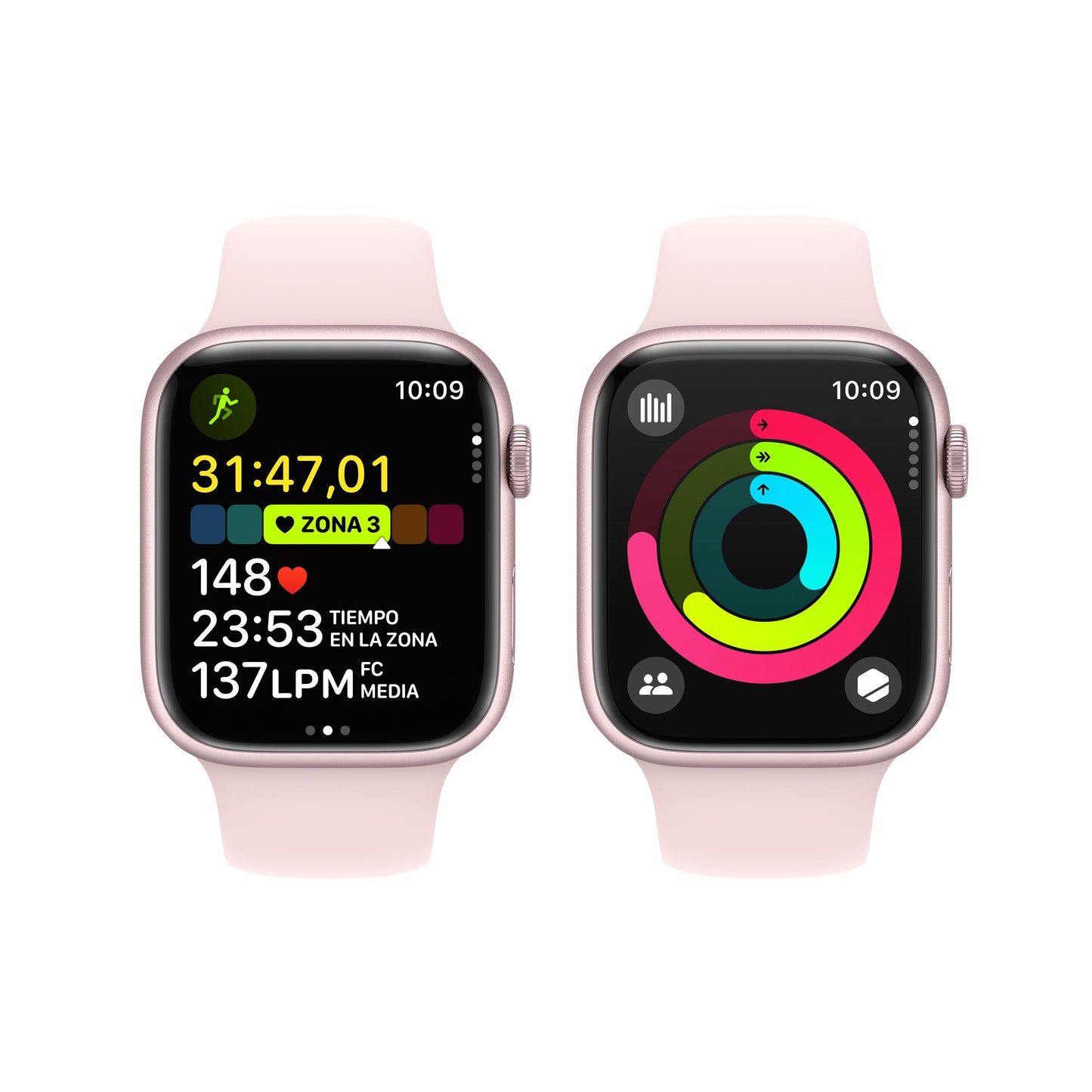 Apple Watch Series 9 (GPS) - Caja de aluminio en rosa de 45 mm - Correa deportiva rosa claro - Talla M/L