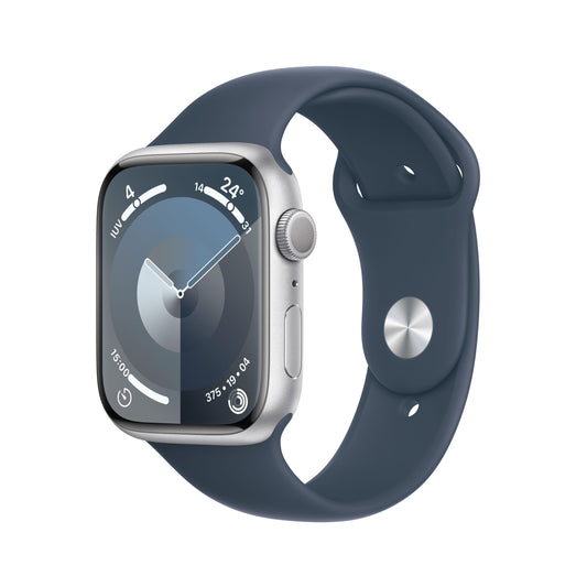 Apple Watch Series 9 (GPS) - Caja de aluminio en plata de 45 mm - Correa deportiva azul tempestad - Talla S/M