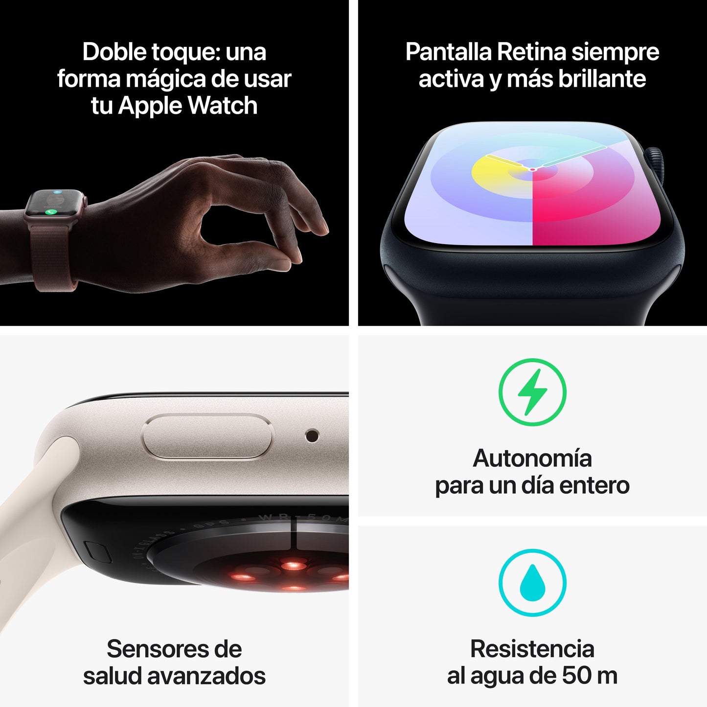 Apple Watch Series 9 (GPS) - Caja de aluminio en blanco estrella de 41 mm - Correa deportiva blanco estrella - Talla M/L - Rossellimac