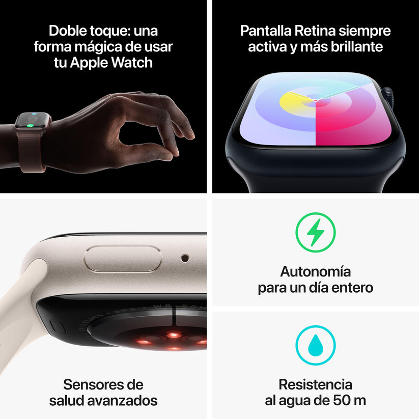 Apple Watch Series 9 (GPS) - Caja de aluminio en blanco estrella de 41 mm - Correa deportiva blanco estrella - Talla M/L - Rossellimac