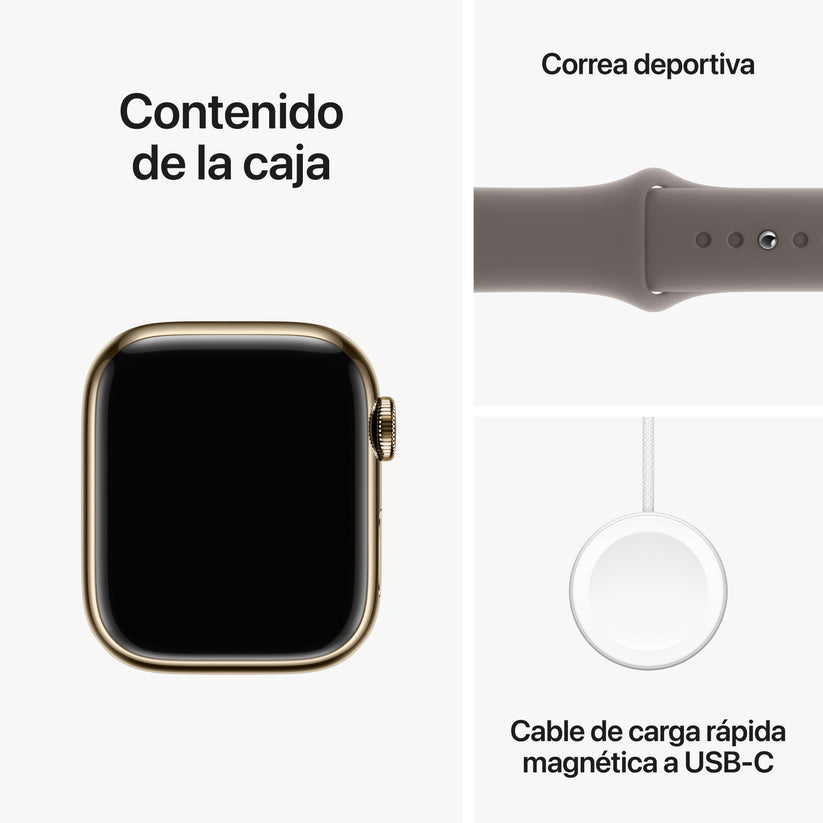 Apple Watch Series 9 (GPS + Cellular) - Caja de acero inoxidable en oro de 41 mm - Correa deportiva color arcilla - Talla M/L - Rossellimac