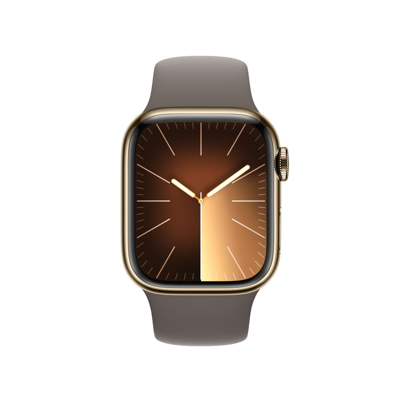 Apple Watch Series 9 (GPS + Cellular) - Caja de acero inoxidable en oro de 41 mm - Correa deportiva color arcilla - Talla M/L - Rossellimac