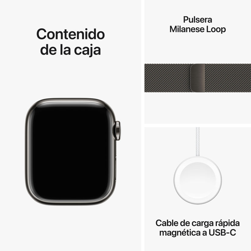 Apple Watch Series 9 (GPS + Cellular) - Caja de acero inoxidable en grafito de 41 mm - Pulsera Milanese Loop en grafito - Rossellimac