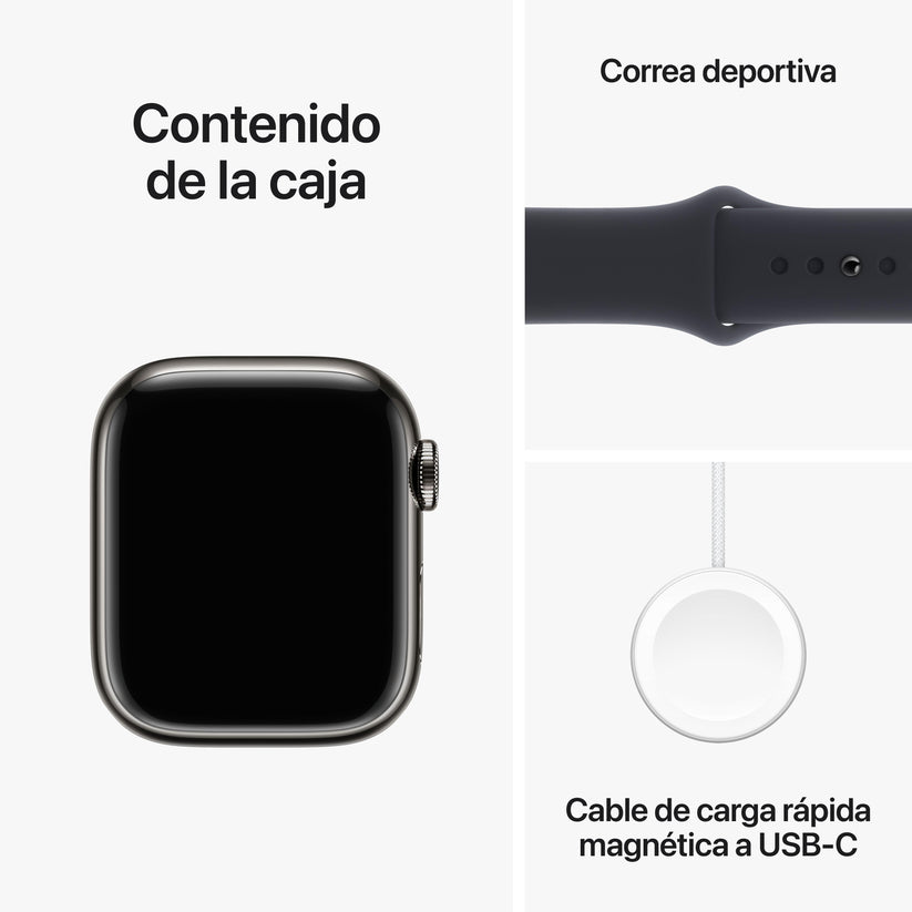 Apple Watch Series 9 (GPS + Cellular) - Caja de acero inoxidable en grafito de 41 mm - Correa deportiva color medianoche - Talla S/M - Rossellimac