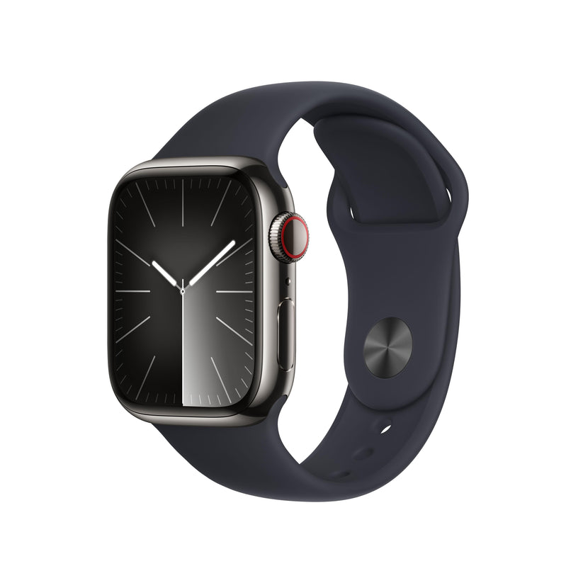 Apple Watch Series 9 (GPS + Cellular) - Caja de acero inoxidable en grafito de 41 mm - Correa deportiva color medianoche - Talla S/M - Rossellimac