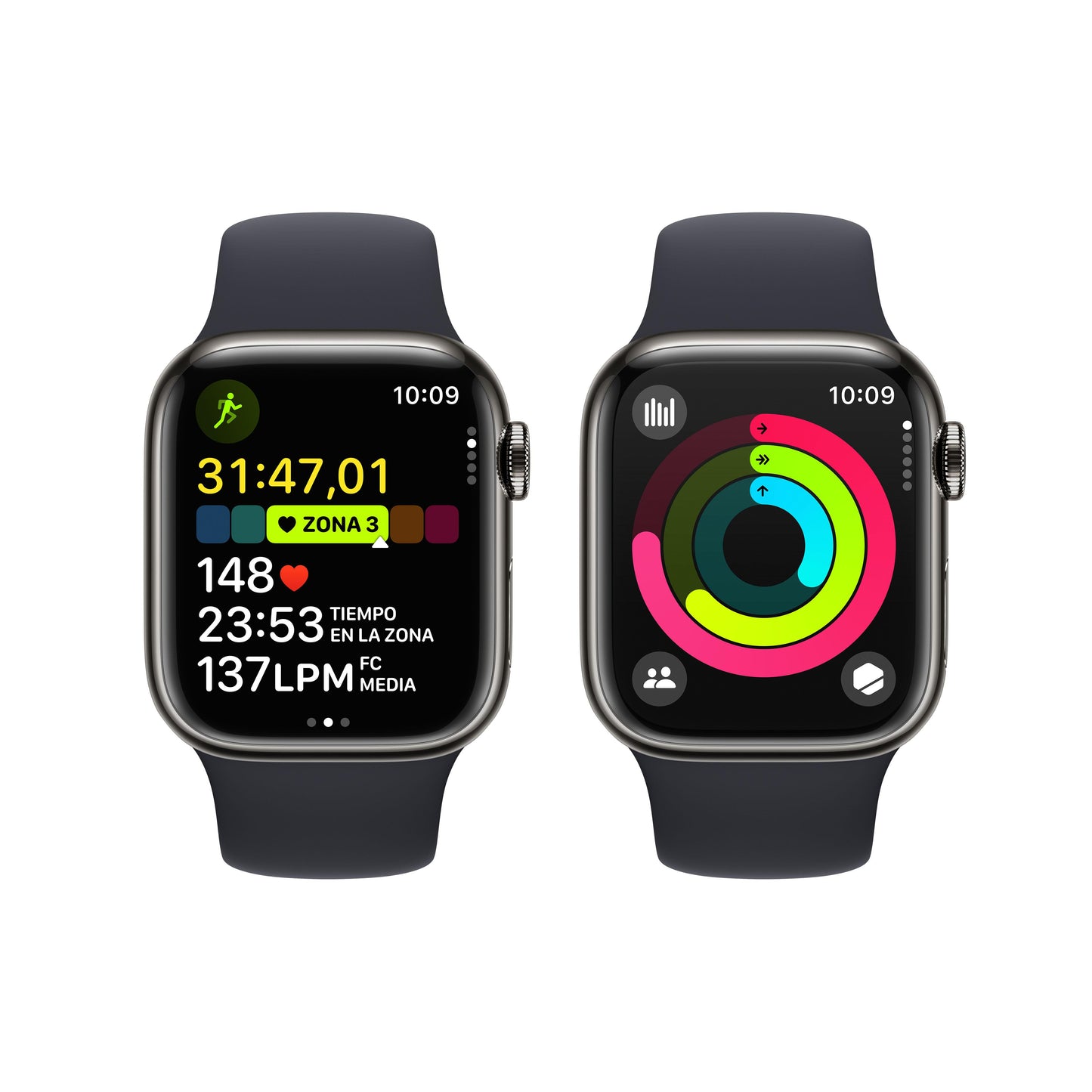 Apple Watch Series 9 (GPS + Cellular) - Caja de acero inoxidable en grafito de 41 mm - Correa deportiva color medianoche - Talla S/M - Rossellimac